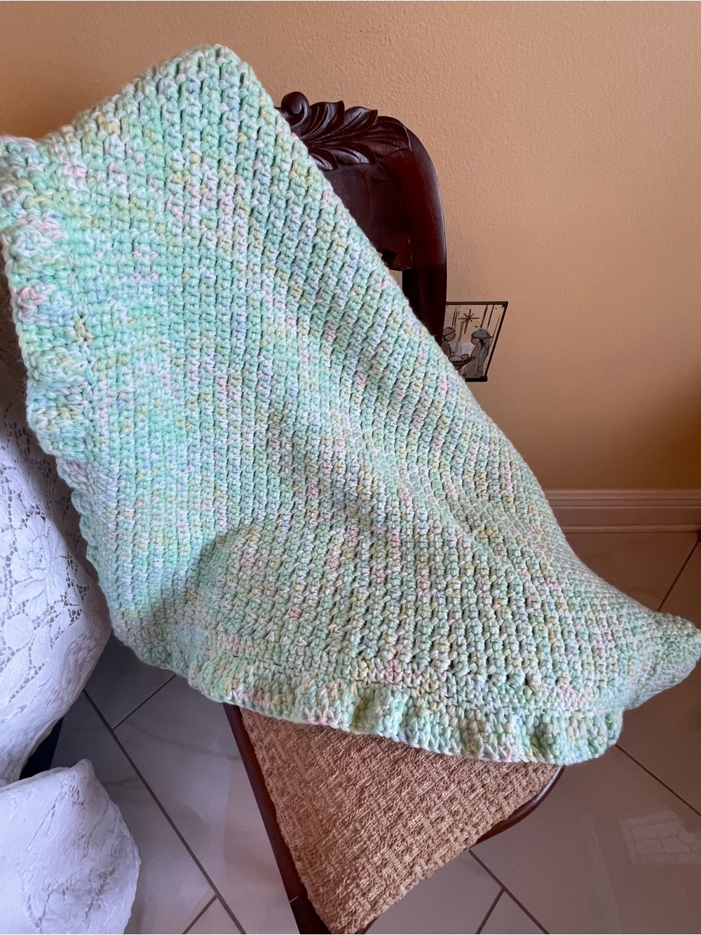 Hand Crocheted Pastel Baby Blanket Mint Green Pink Yellow